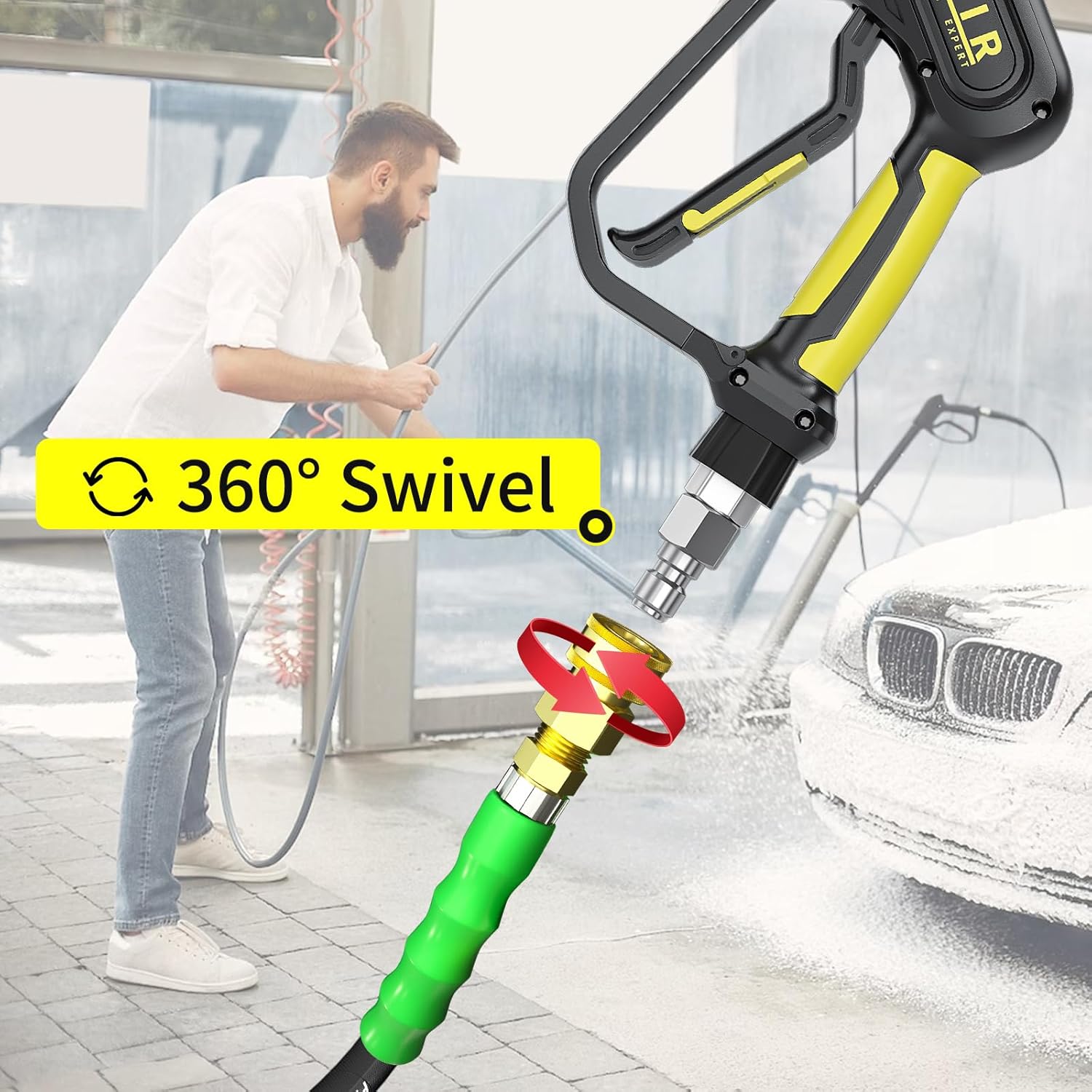 POHIR 3/8" Pressure Washer Hose 150FT with Quick Connect 4200PSI Power Washer Hose for Hot and Cold Water Max 212℉ Kink Resistant Rubber Wire Braided Industry Grade for Pressure Washer