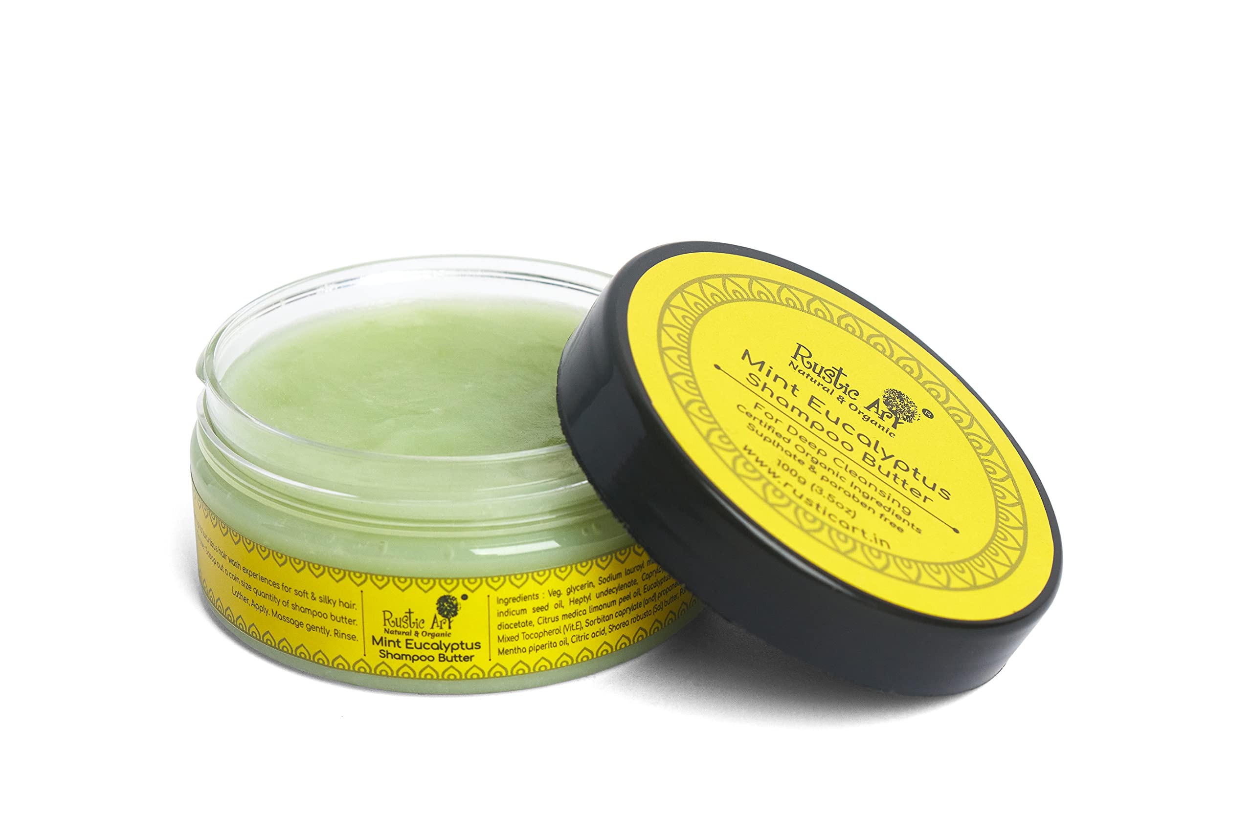 Rustic Art Mint Eucalyptus Shampoo Butter | Deep Cleansing, Shine & Softness | Controls Frizz | Sulphate Paraben Free | Long Lasting Concentrate | For Men & Women | 100g