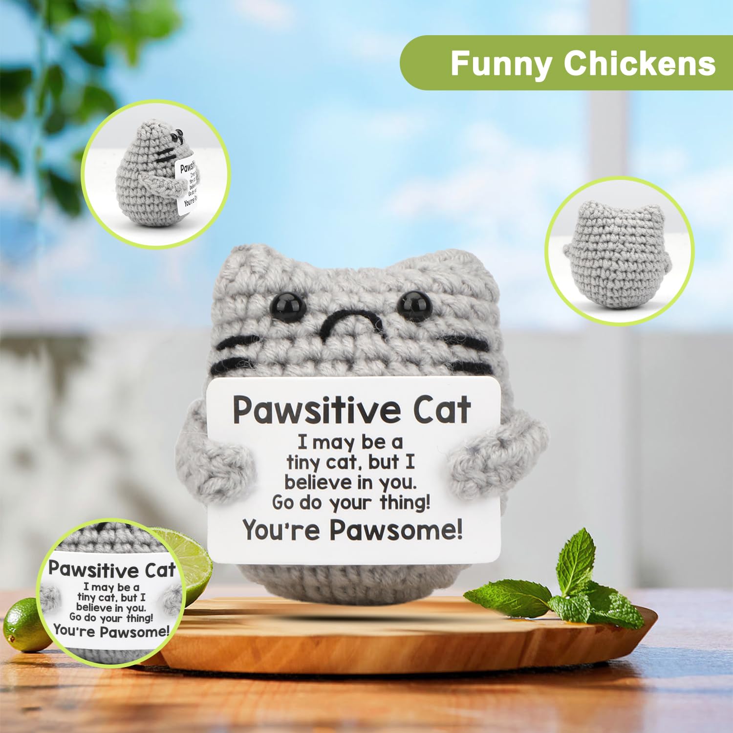 Gatito Hamburguesa De Ganchillo – Muñeco Tejido Con Tarjeta Positiva – Decoración De Escritorio Y Regalo Original