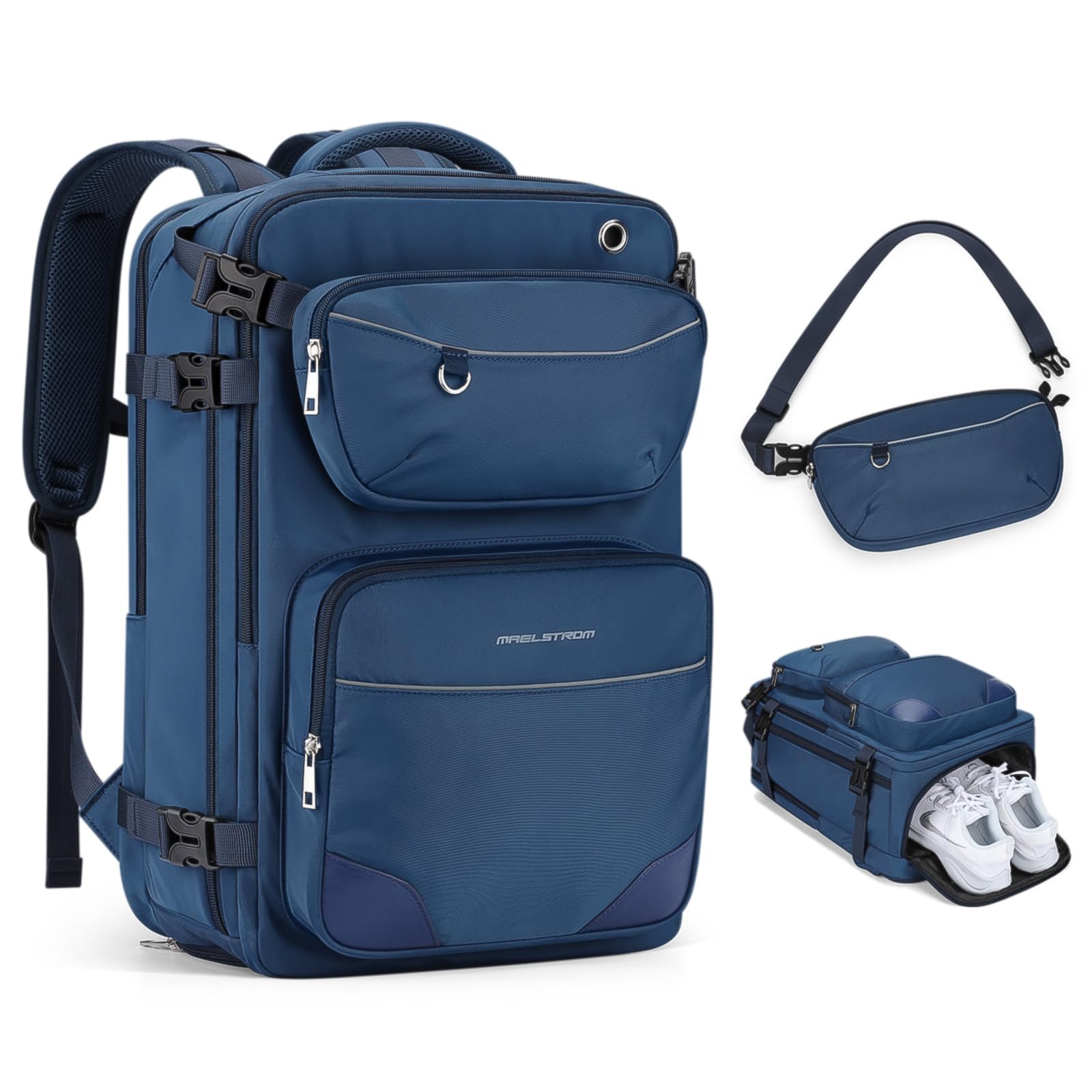 Maelstrom Mochila de viaje para hombres y mujeres, mochila de transporte de 35 L para viajar en avión, con bolsa para cinturón y compartimento para zapatos, mochila impermeable para laptop de 17