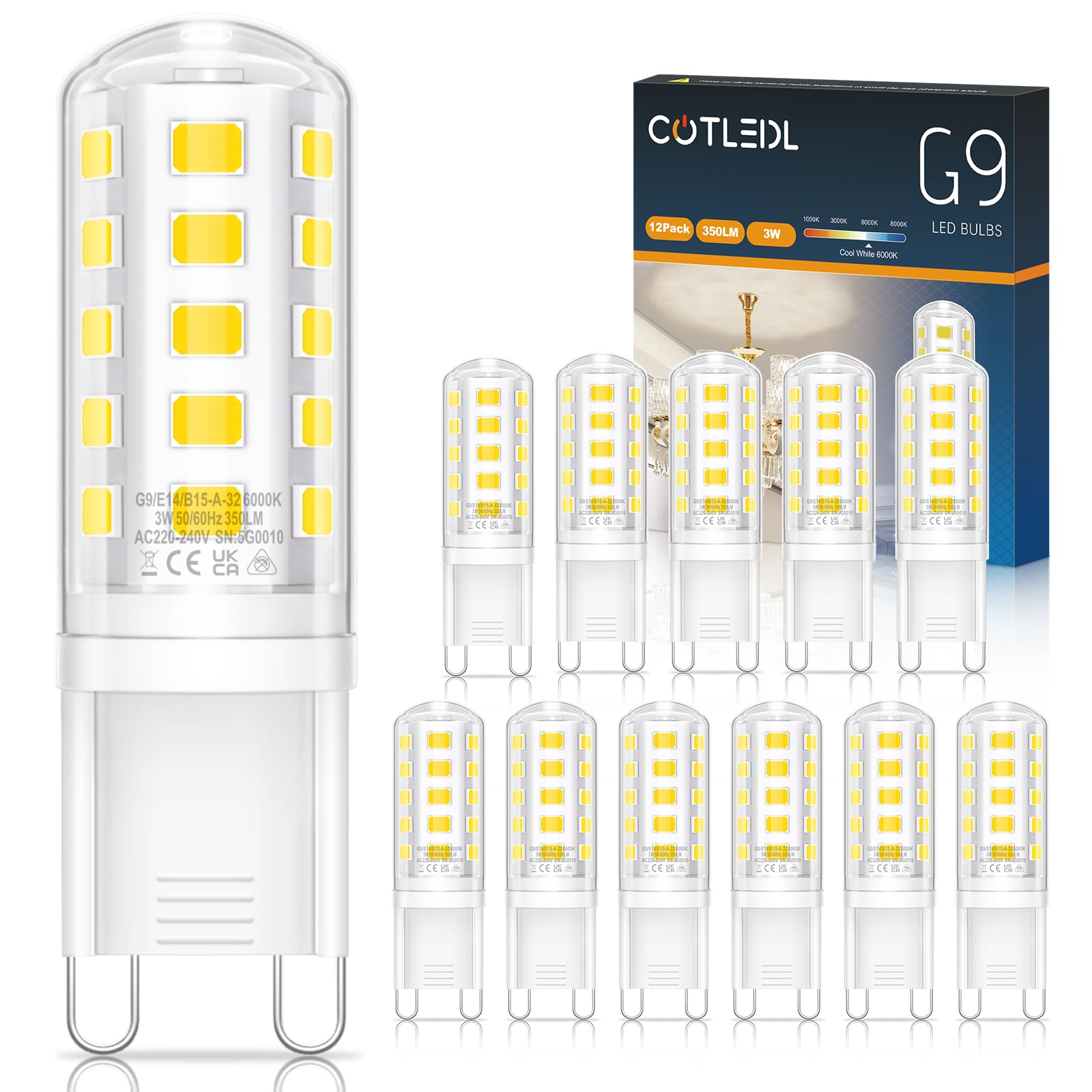 COTLEDL 12er 3W G9 LED Lampe Kaltweiss, Ersatz 30W 40W Halogenlampe, 350LM Glühbirne G9 LED Leuchtmittel, Kaltweiß 6000K Energiesparlampe 360° Abstrahlwinkel, Nicht Dimmbar Kein Flimmern Birne