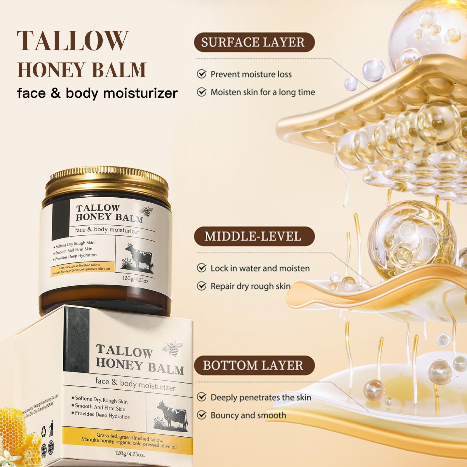 Tallow and Honey Balm for Face and Body Grass-Fed Beef Tallow Moisturizer with Manuka Honey, Deep Hydration and Nourishment, 120g - Image 4