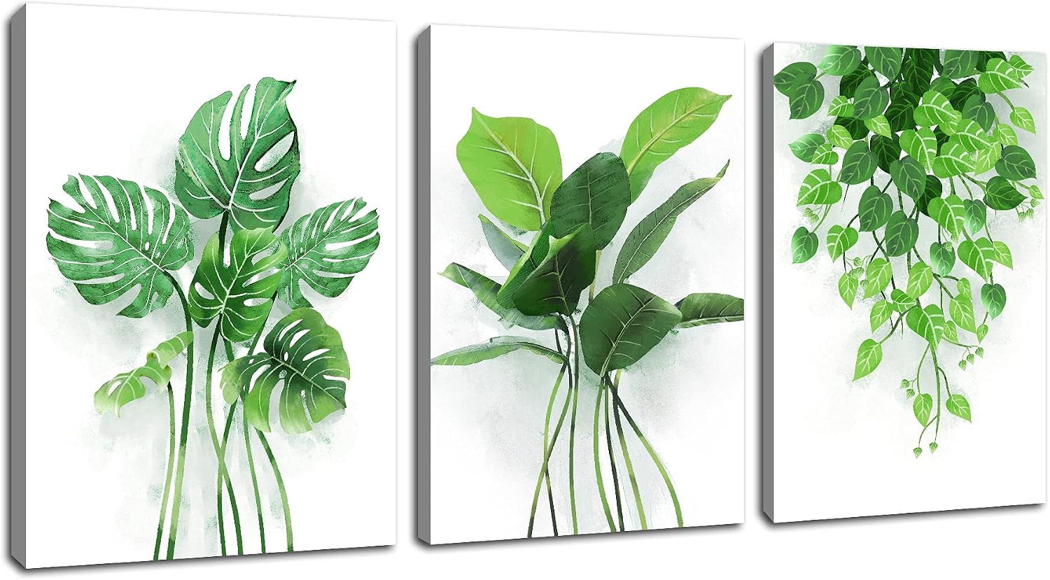 Canvas Wall Art Plant Wall Decor for Living Room - Green Botanical Leaves Wall Art Pictures for Bedroom Bathroom Decor Modern Minimalist Prints Artwork with Wooden Frame Ready to Hang 12x16inchx3pcs