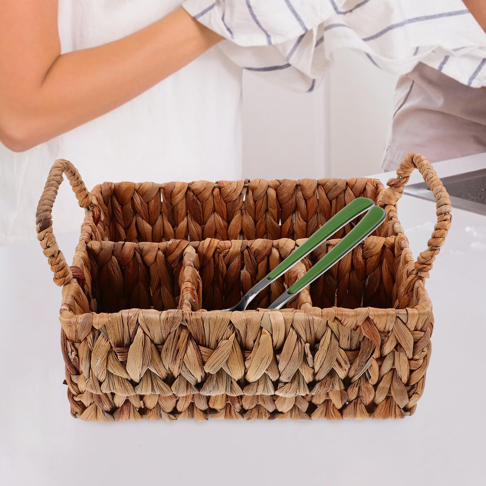 Divided Storage Basket With Handles – 4-Compartment Woven Cutlery & Utensil Organizer For Kitchen & Picnic - View #12