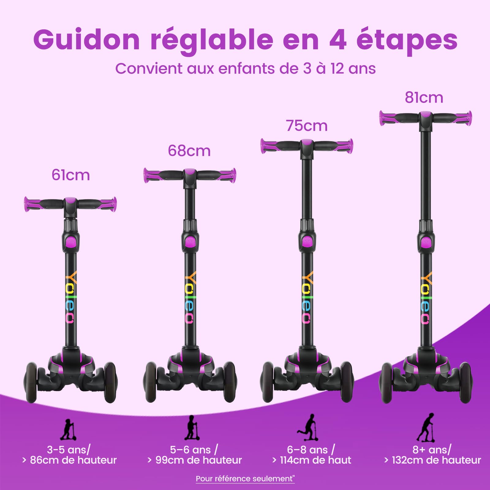 YOLEO Trotinette Enfant 3 Roues de 3 À 12 Ans Trottinette Pliable Ajustable sur 4 Niveaux pour Filles et Garçons, Cadeau Noël Anniversaire, Jouet Idéal