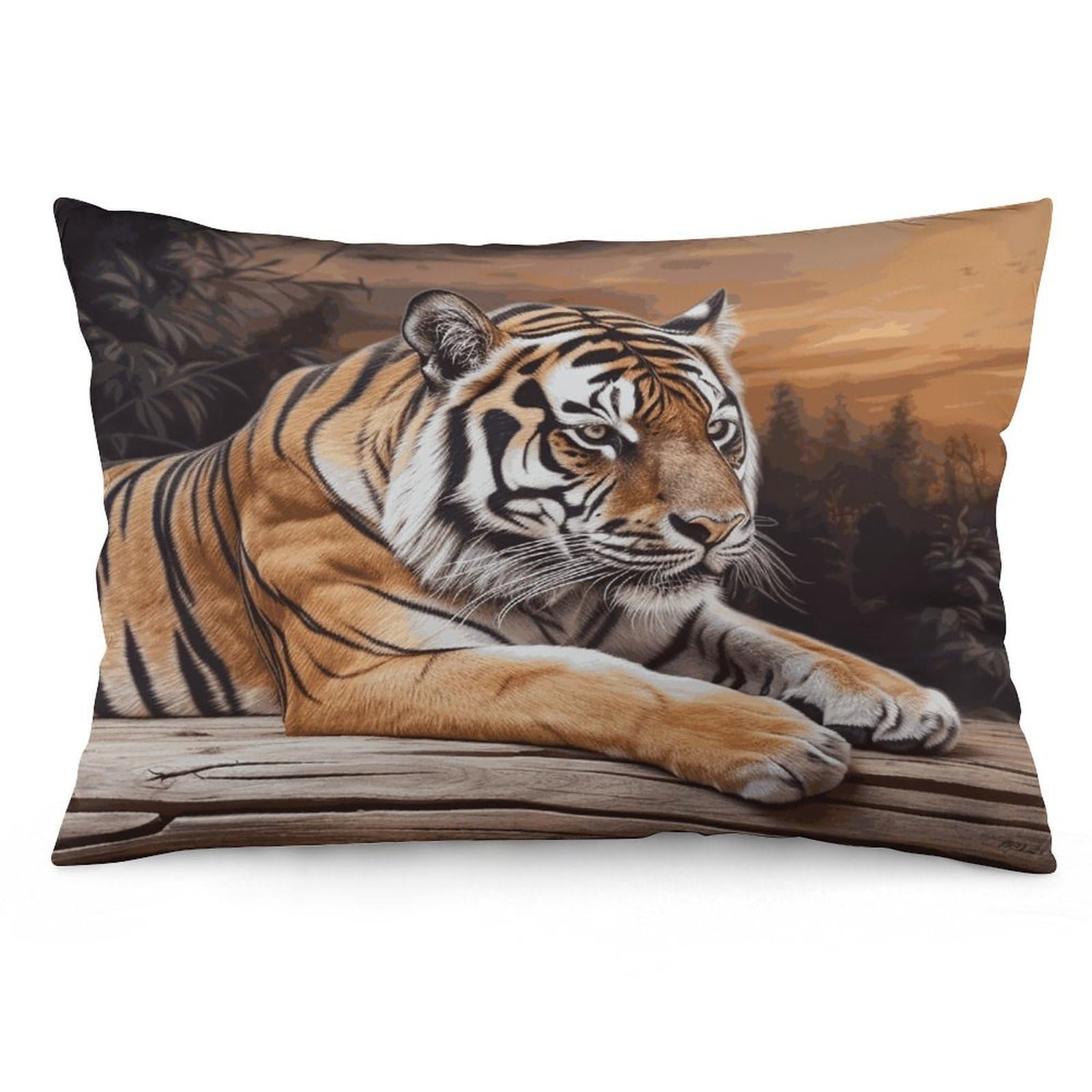 Tiger Lying on Wood Throw Pillow Covers with Silent Zipper Polyester Pillow Protectors Removable Pillow Cases Soft Pillowcase Cozy Pillow Sham Cushion Cover for Sofa Car Bed 12 "x20
