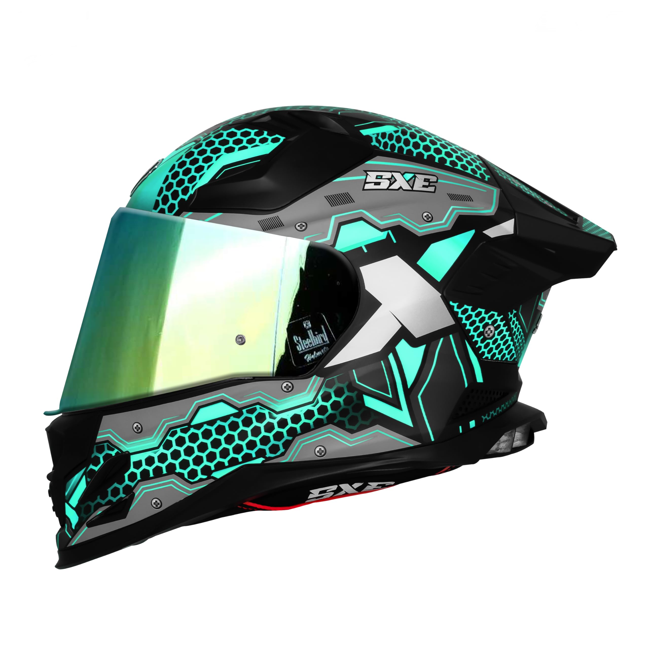 Steelbird SBH-61 SXE X3 Pinlock ISI and Dot Certified Full Face Helmet for Men and with Inner Silver Sunshield (580 Medium MM, Glossy Black Cyan Green)-picture-18
