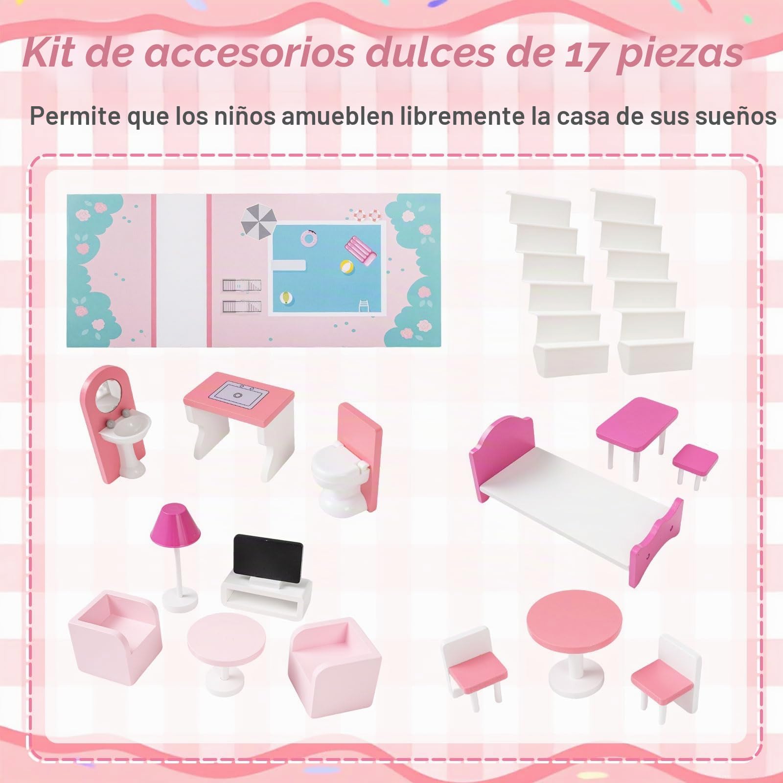 FANTASK Casa de muñecas de Madera de 120,5 cm de Alto, 3 Niveles y 17 Muebles, casa de Juegos para niñas y niños a Partir de 2 años, 73 x 34 x 120,5 cm (Rosa)