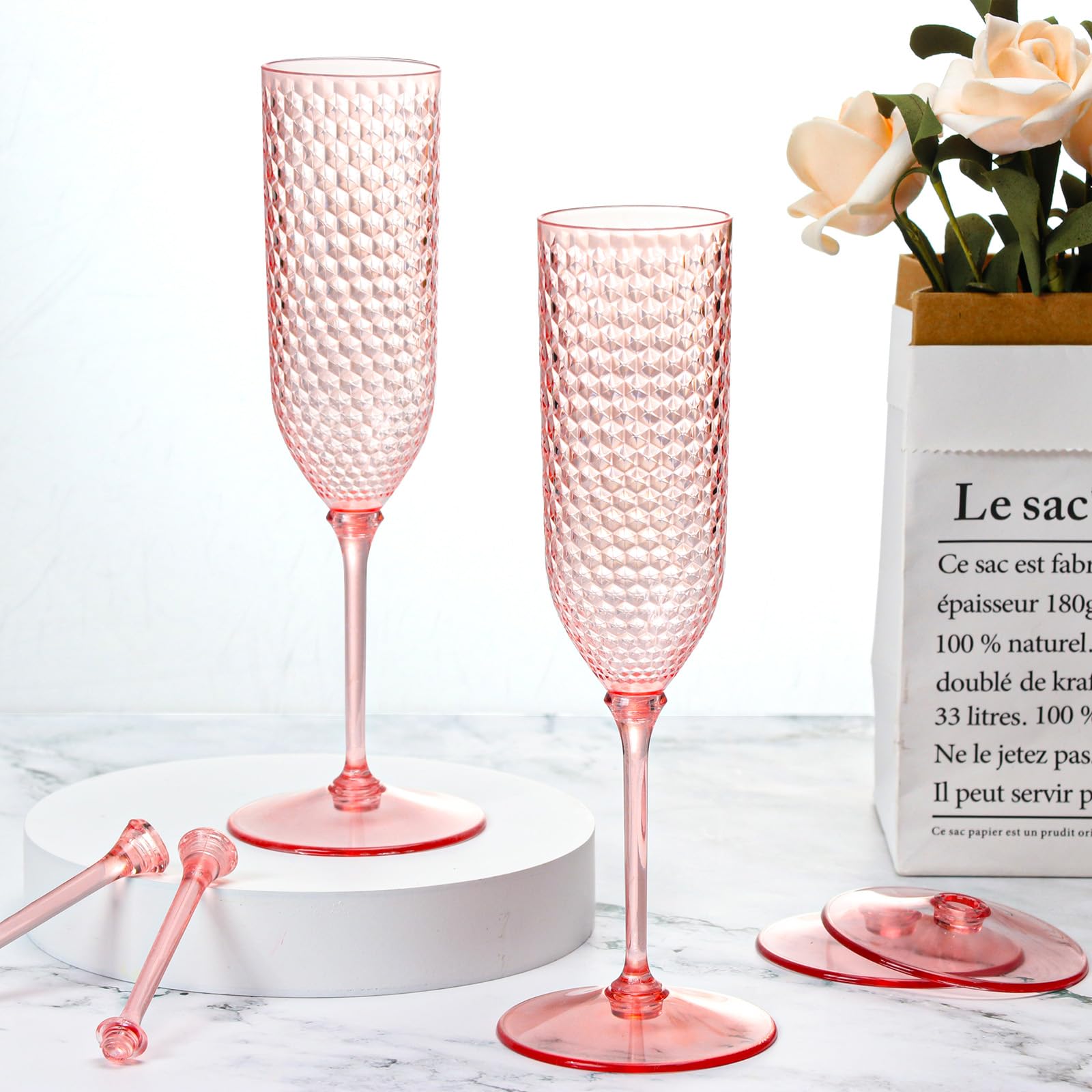 Paquete de 48 copas de champán desmontables de 2 piezas de 5.5 onzas, de plástico irrompible, copas de champán de Mimosa, tazas de champán con tallo reutilizables para brindis de vino para aniversario