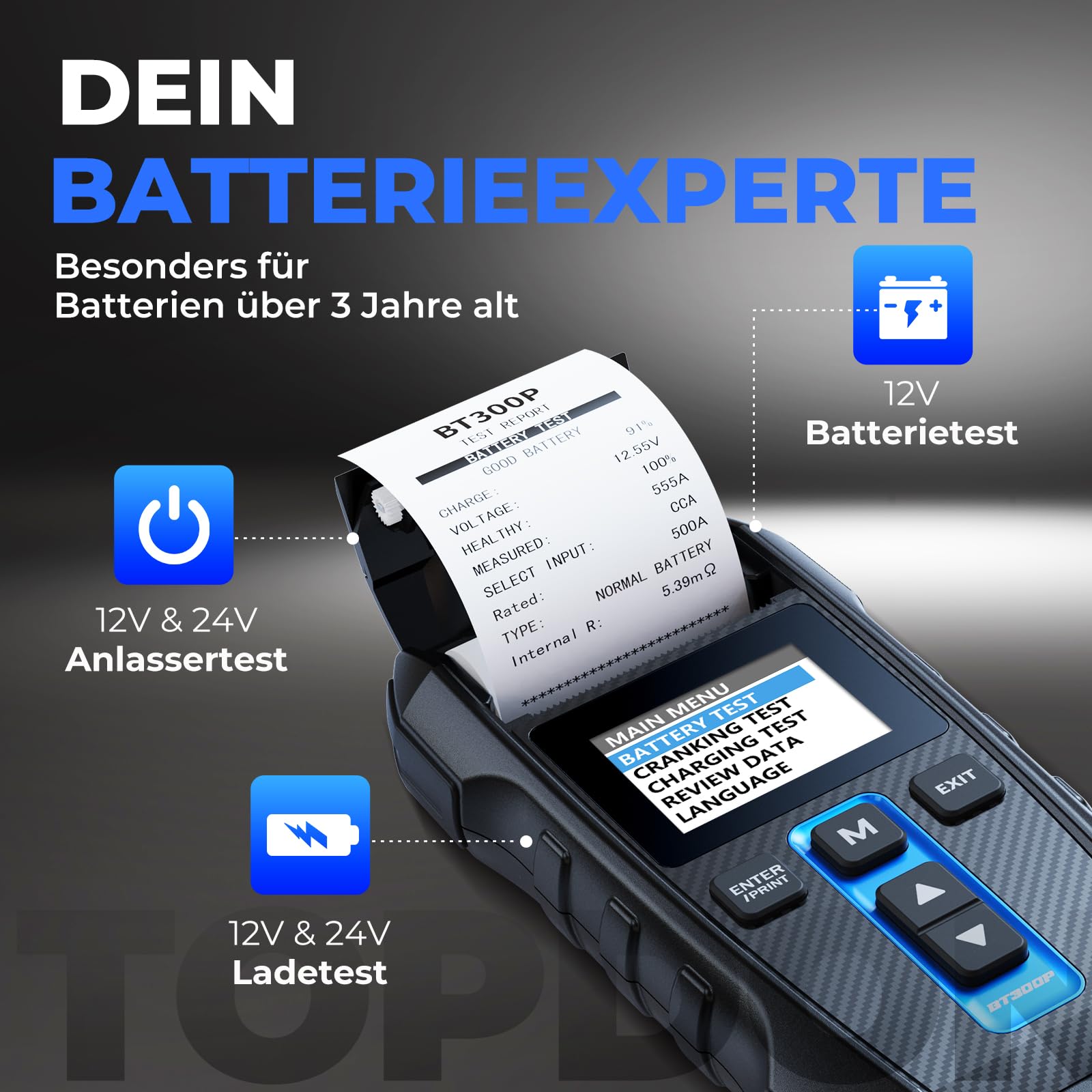 12V 24V Batterietester kfz mit Drucker-TOPDON BT300P, 100-2000 CCA Automatischer Lasttester für Batterie-/Anlass-/Ladesystemtest, Autobatterietester für Auto Motorrad SUV LKW Boot