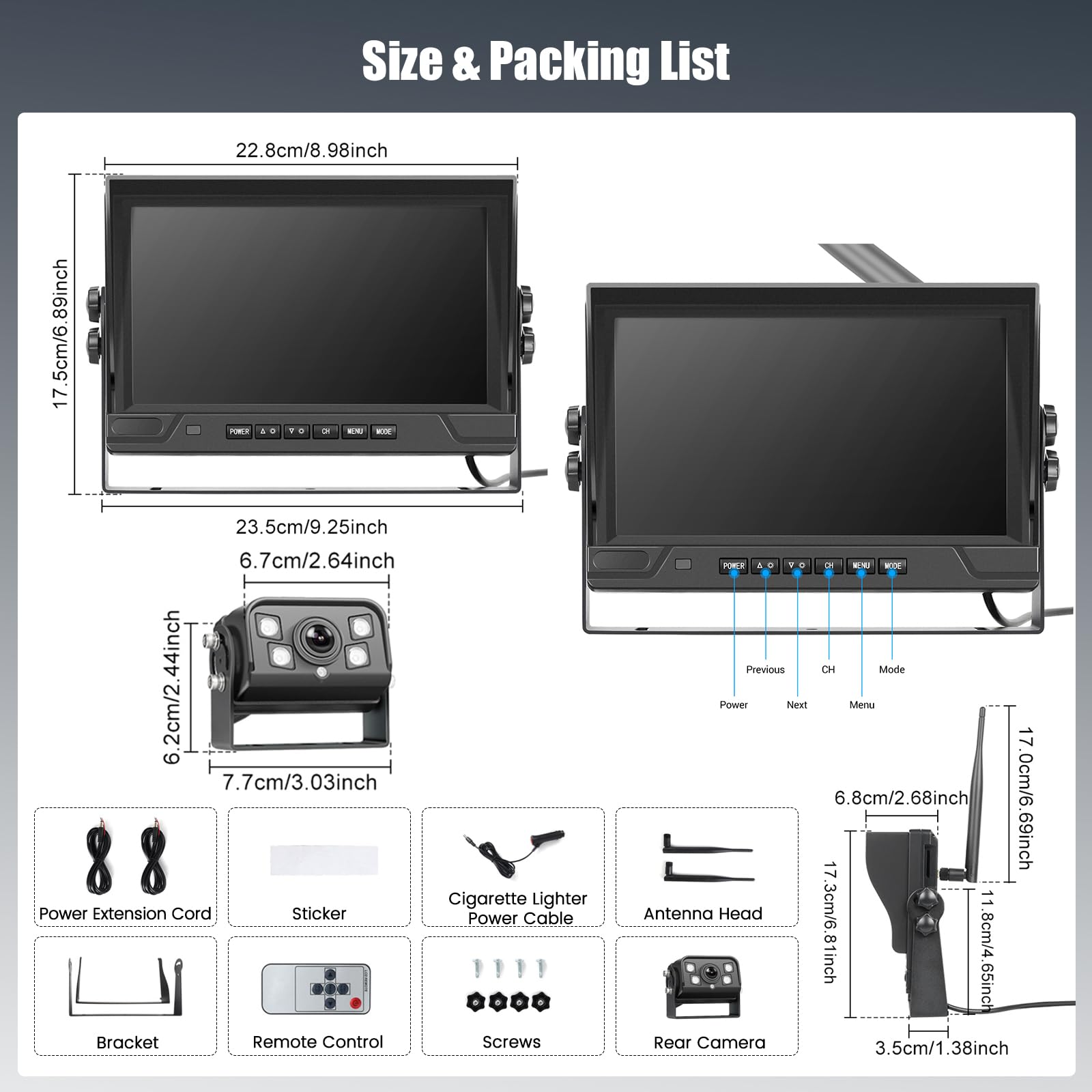 9 Pulgadas Monitor Cámara de Marcha Atrás Inalámbrica para Camión 12-24V Coche, BSD DVR Camara Marcha, Estanqueidad IP68/Visión Nocturna/Grabación en Bucle