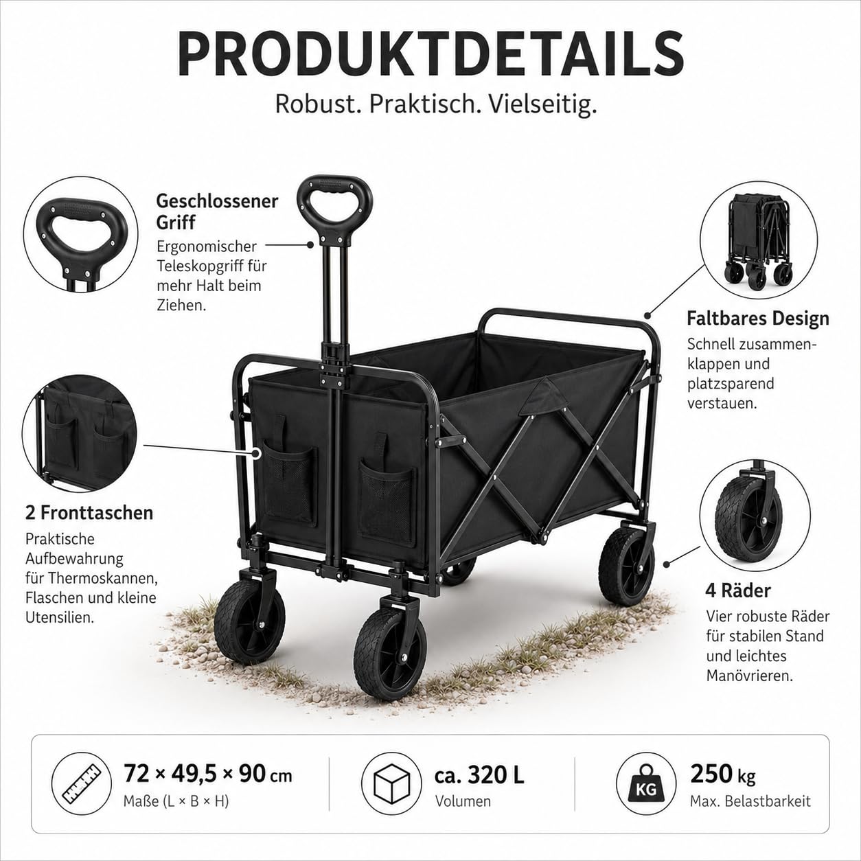 Bollerwagen faltbar - 320 L bis 250 kg Tragkraft - Strandwagen schwarz