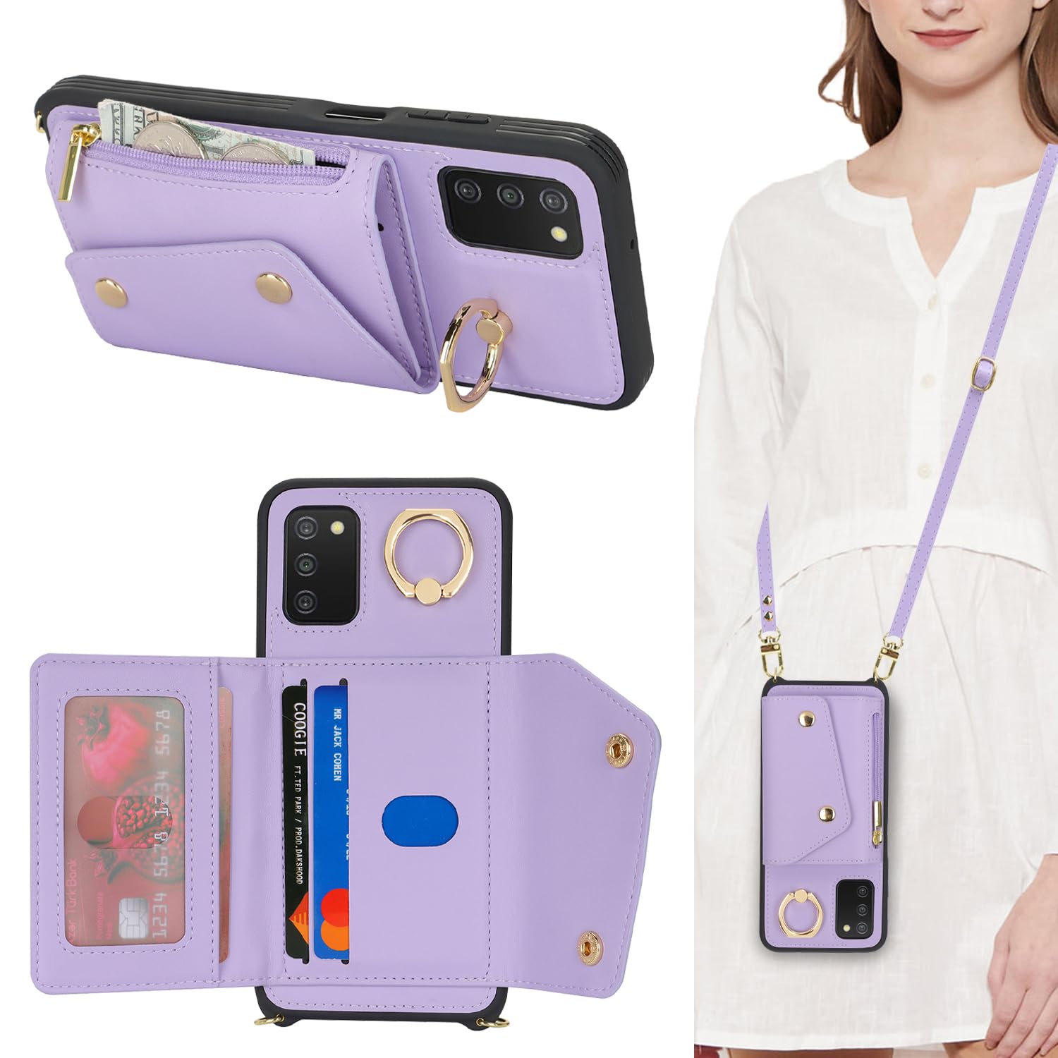 Lipvina Funda para Samsung Galaxy A03s con tarjetero y correa, bolsillo con cremallera, correa cruzada, tarjetero de crédito, anillo de soporte, bonita funda tipo cartera para teléfono para mujer