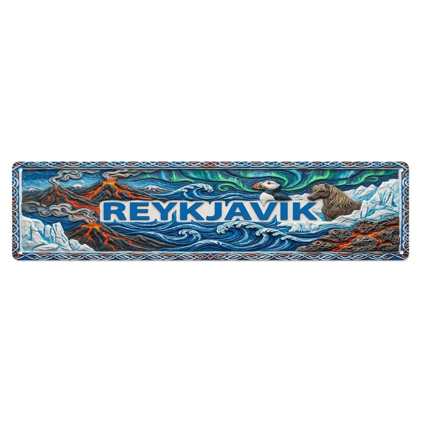 Cwbufd Vintage Style Vintage Reykjavik Iceland Flag Pattern Vintage Metal Tin Sign Plaque Wall Decor For Cafe, Club Bar, Office, Garden Metal Poster 4X16inch
