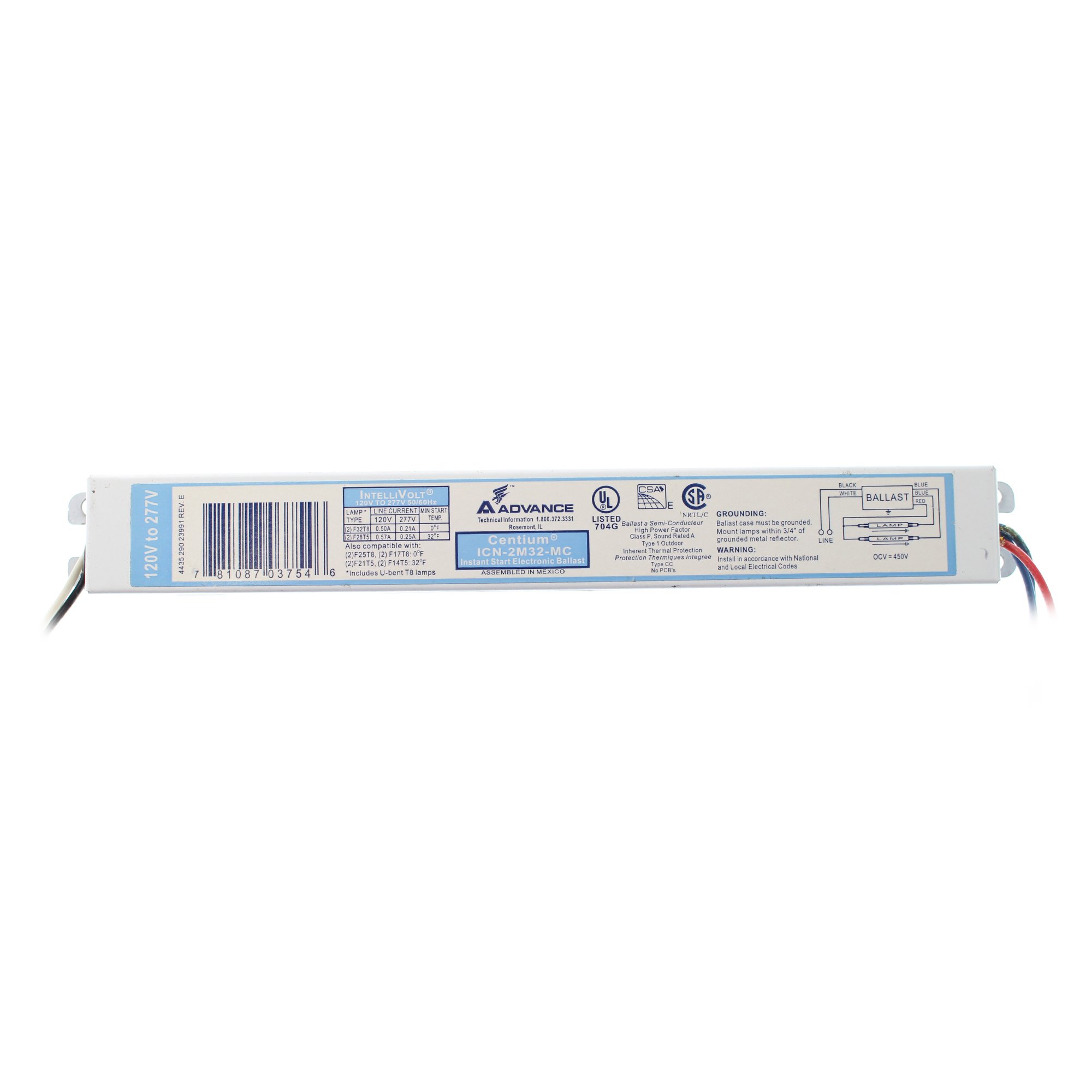 PHILIPS Advance ICN-2M32-MC Electronic Ballast, 2-Lamp, F32T8, 32W T8, 120/277V