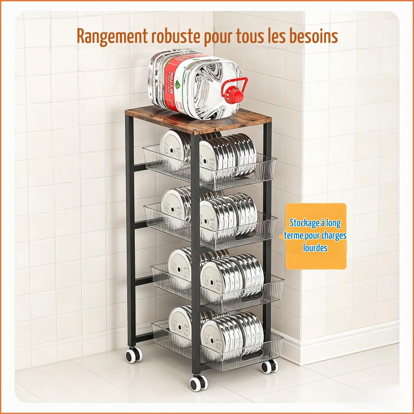 Organiseur de rangement en métal à 5 niveaux avec roulettes et dessus en bois, 4 tiroirs coulissants en verre acrylique, chariot utilitaire mobile pour cuisine, salle de bain, salon, bureau