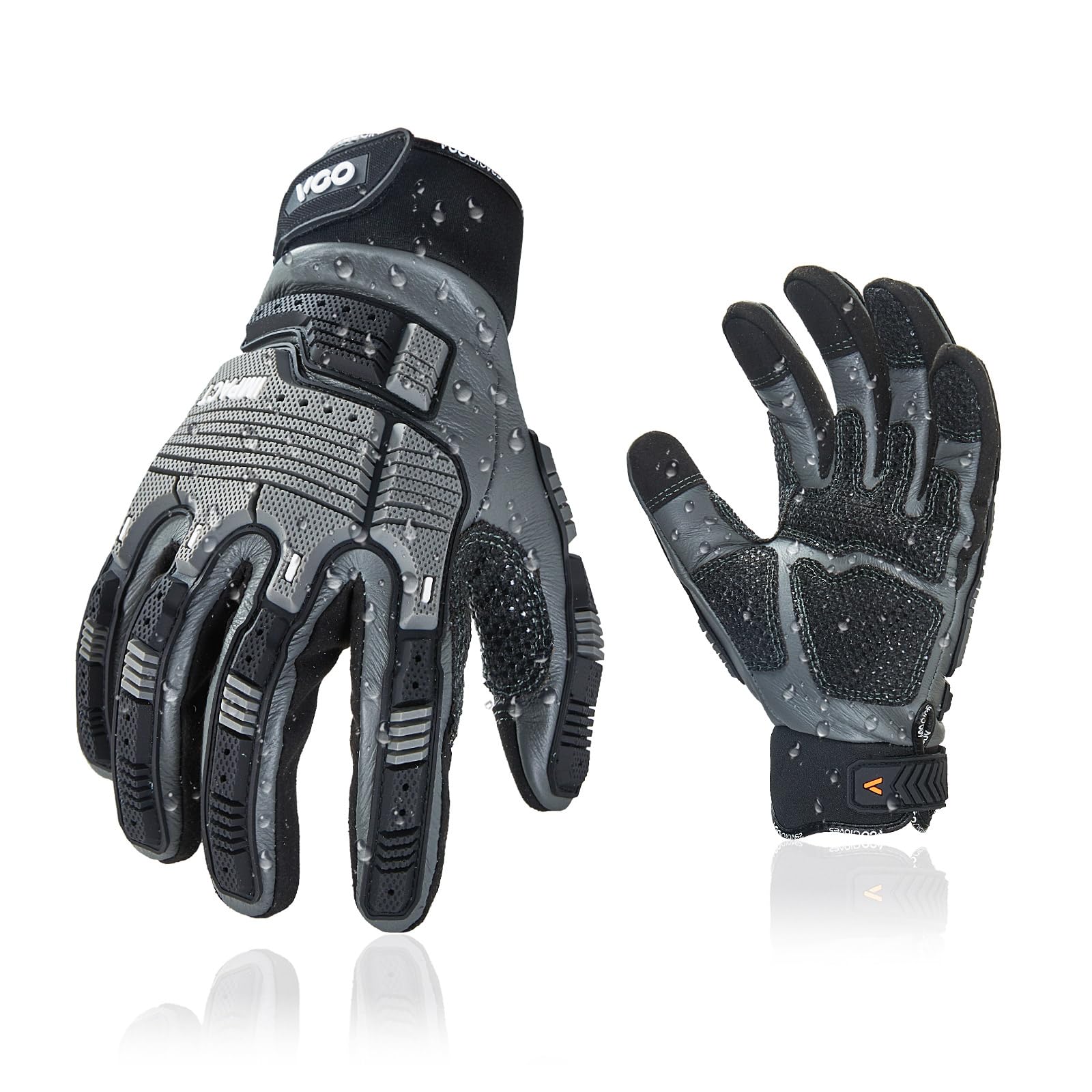 Vgo... Gants mécanicien en cuir homme anti-vibration et impact(CA7722WR,S) | Gris,cuir de vachette déperlant,anti-vibration,très abrasif,écran tactile,industriel,automobile,heavy duty mécanicien