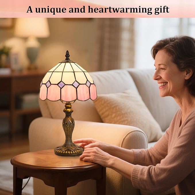 Meimond Tiffany-Style 8 Inch Table Lamp Mediterranean Series Stained Glass Lampshades Small Bedside Lamp Reading Antique Desk Light Livingroom Bedroom Office Vintage Art Deco Victorian(Color:Pink) photo 2