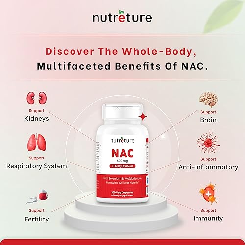Miniatura 8 de NUTRETURE NAC Supplement N-acetil cisteína 600 mg 180 cápsulas vegetales con selenio y molibdeno para un apoyo saludable del hígado y los pulmones,