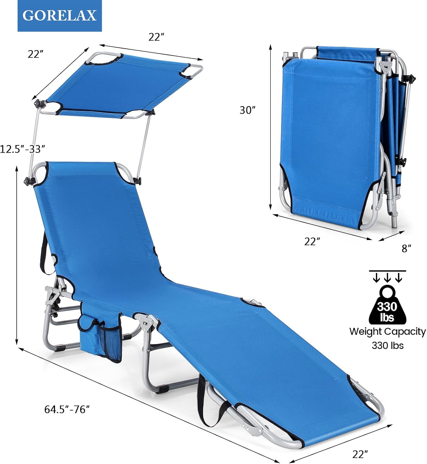 GORELAX Tanning Chair, Folding Beach Chair with Canopy Shade, Adjustable 5-Position, Handle & Side Pocket, Outdoor Portable Patio Lounge Chaise Recliner for Lawn, Camping, Pool, Deck, Beach (1, Navy)