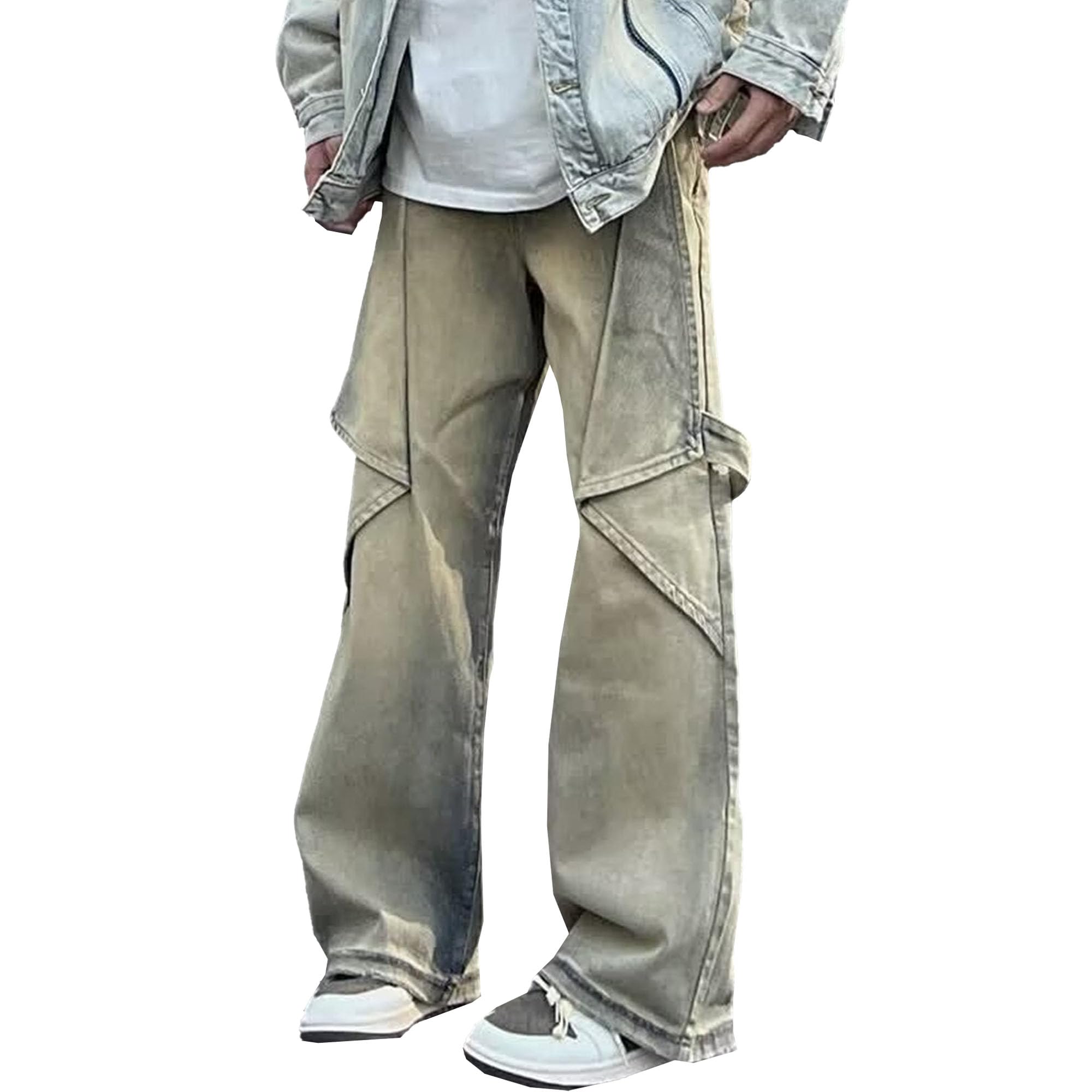 Men's Cargo High Rise Jeans Wide Leg Retro Denim Pants Baggy Hip Hop Streetwear Jean Trousers (Yellow,XX-Large)