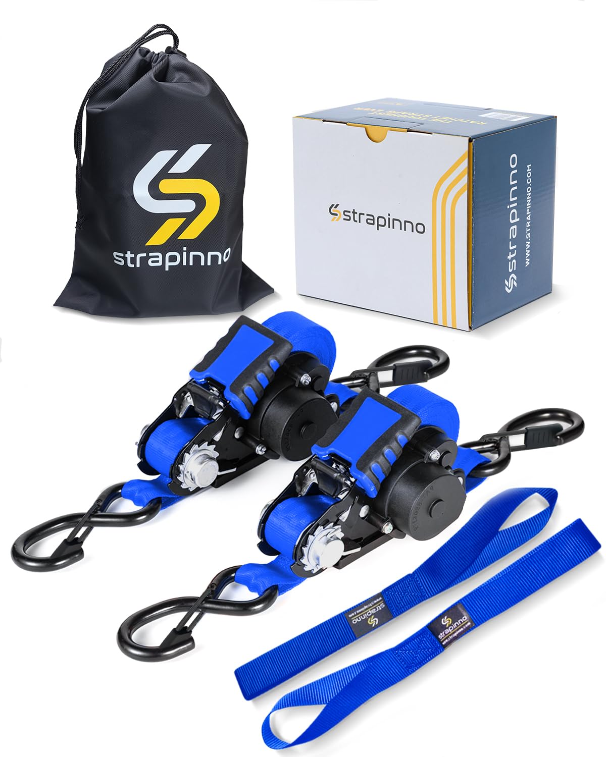 Strapinno Einziehbare Ratschengurte – 2,5 cm x 3,6 m, robuste Spanngurte, je 816,5 kg Bruchfestigkeit, S-Haken mit Sicherheitsclip, AutoRetract, für Umzug, Motorrad, Boot, Kajak und Fracht (2 Stück)