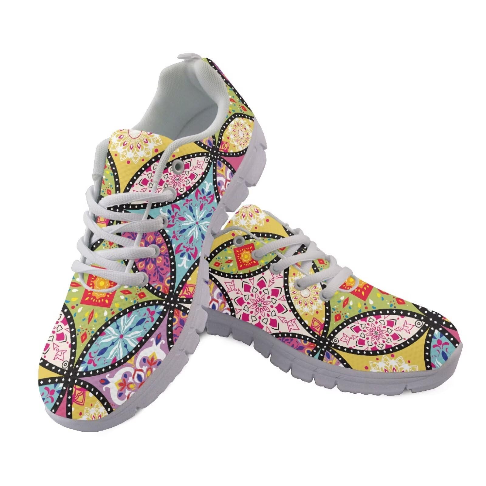 Fuxowvby Women's Abstract Lightweight Tennis Sneakers Non-Slip Walking Shoes Lace-Up Running Shoes Breathable Workout Shoes Cozy Sport Exercise Gym Shoes for Teen Girls White Sole US 6