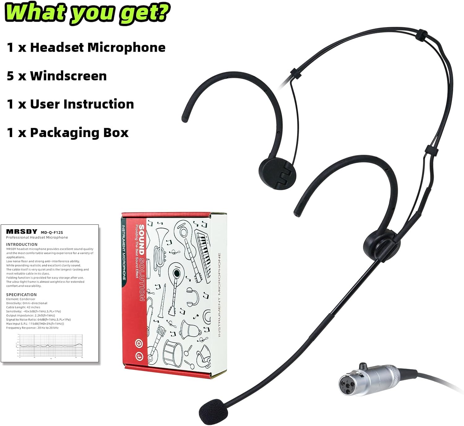 MRSDY Foldable Headset Microphone for Shure Wireless System, Omnidirectional Condenser Double Over Ear Headworn Mic, 4-Pin Mini XLR, Cable Length 42 Inch (Black)