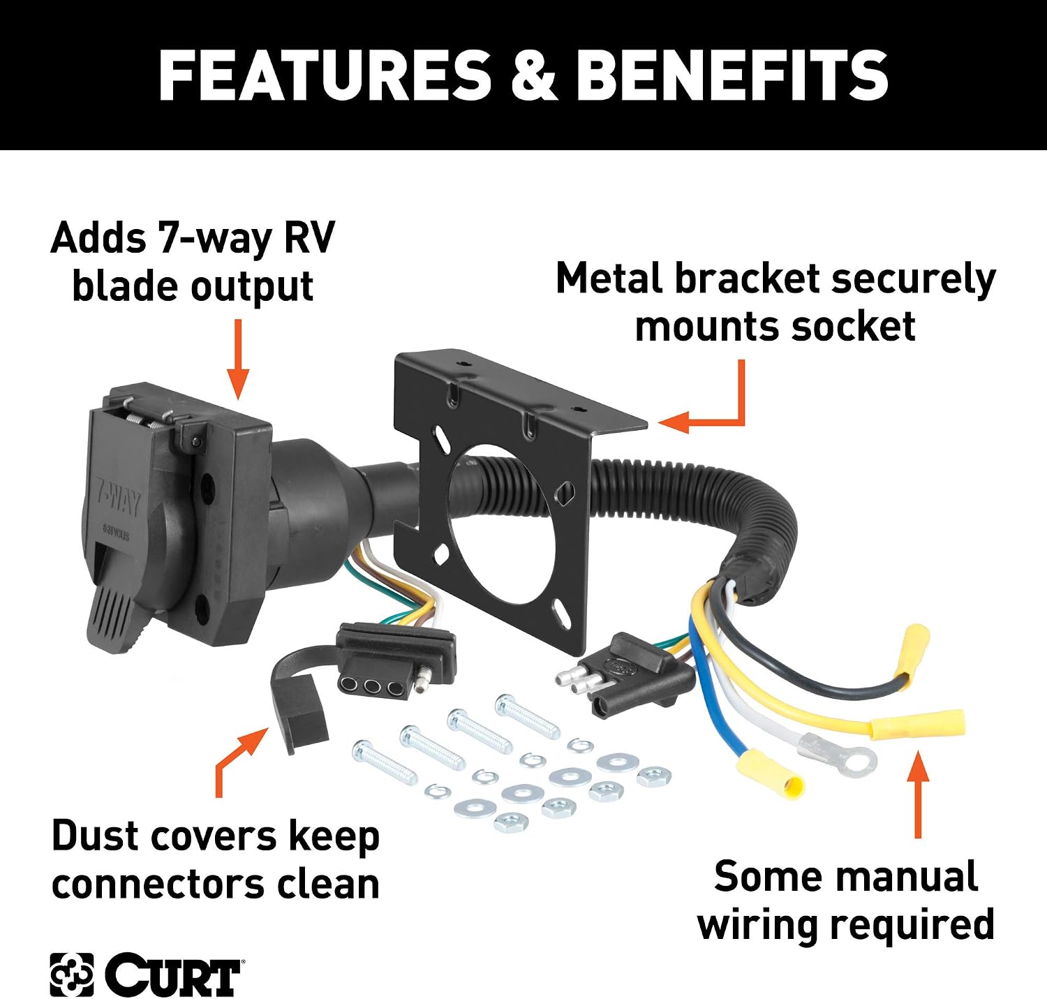 CURT 57672 Dual-Output 4-Way Flat Vehicle-Side to 7-Way RV Blade Trailer Wiring Adapter , Black