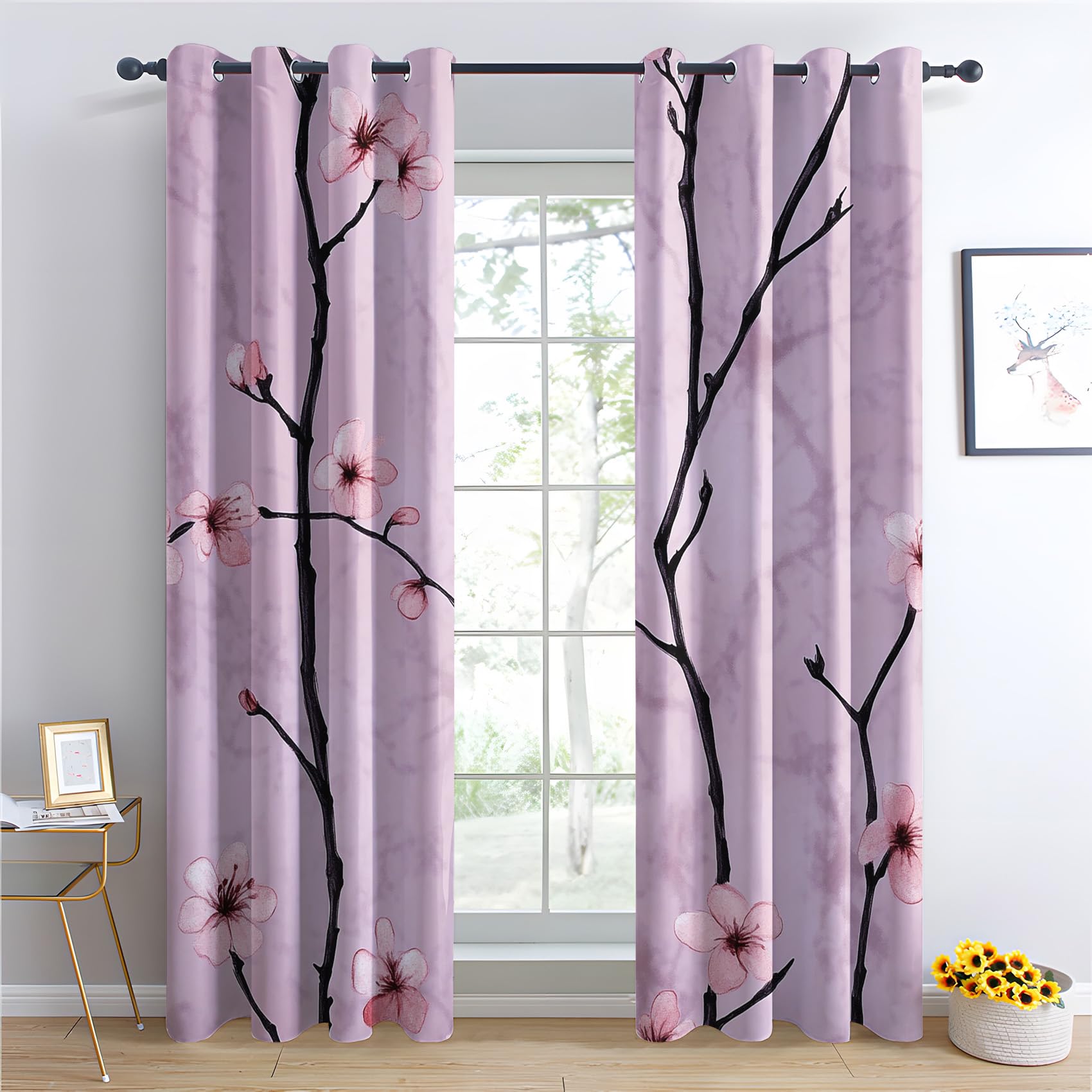 Venivici Kirschblüten Vorhänge Wohnzimmer Schlafzimmer - Rosa Blume Mädchen Vorhang mit ösen, Gardinen Blickdicht, Verdunklungsvorhänge Kinderzimmer, Thermovorhang 2er Set, H 245 x B 140 cm