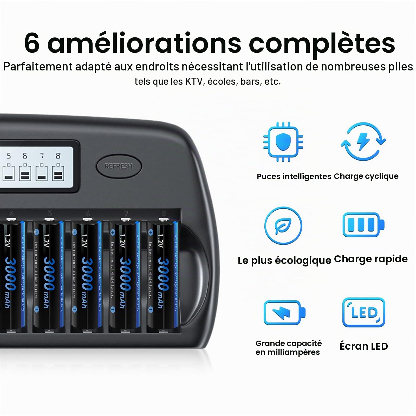 Chargeur de Batterie Intelligent LCD AA/AAA PALO 16 Baies avec 8 Piles Rechargeables AA 3000mAh et 8 Piles Rechargeables AAA 1100mAh