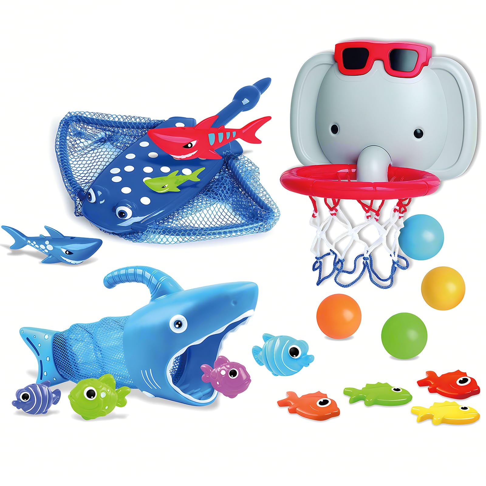 Bath Toys for Kids Ages 1-3,18PCS Bathtub Toys Pool Outdoor Games,No Holes Basketball Hoop with 4 Balls and Shark Fishing Net, Birthday Summer Beach Activity Gift for 1 2 3 4 5 Toddler Girls Boys