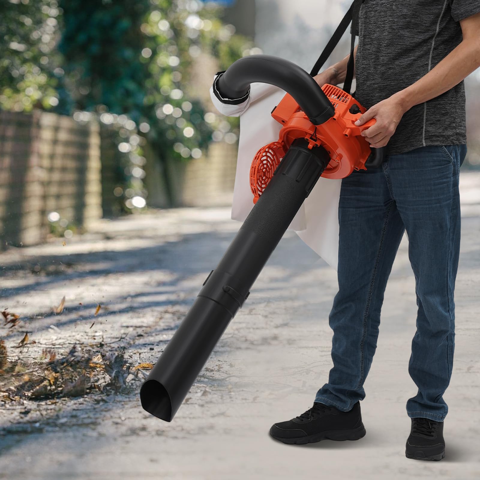 Benzin Laubbläser 25.4cc, 0,13 m³ / s, Laubpuster Schneefräse für Garten Rasenpfleg,Terrasse, Variable Geschwindigkeitsdrossel, Elektronische Zündung, Laubsauger inkl. Sammeltasche