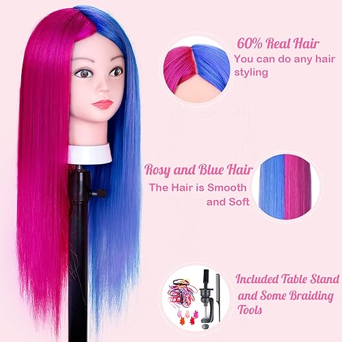 Miniatura 5 de Beauty Star - Cabeza de maniquí con 60% cabello humano real, cabeza de maniquí de cosmetología de 26 pulgadas, cabeza de muñeca para peinar el