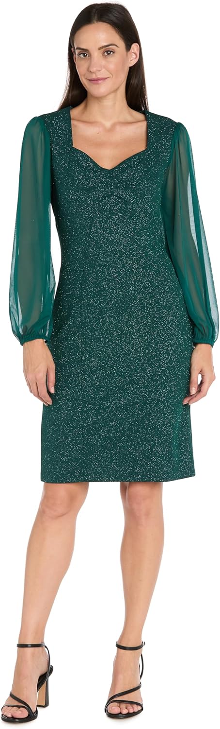 R&M Richards Women's Glitter Sheath Dress W/Long Chiffon Sleeves - Elegant Knee-Length Cocktail & Evening Party Outfit