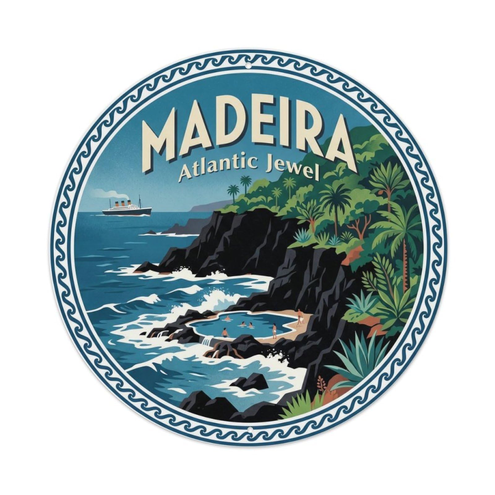 Vintage Travel Madeira Coast Atlantic Metal Tin Sign Plaque Wall Decor for Cafe, Club Bar, Office, Home Garden Round Metal Poster 8x8Inch