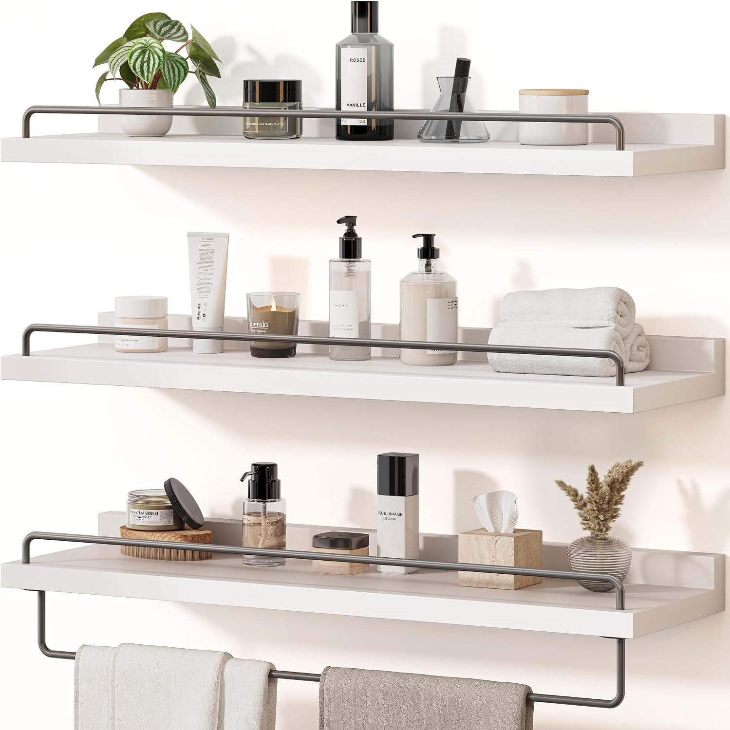 Seocry Bathroom Shelves, Wall Shelf Set of 3, Floating Shelves, Shelves for Room Wall, Bathroom Decor (White Grey, 23.1 Inches)