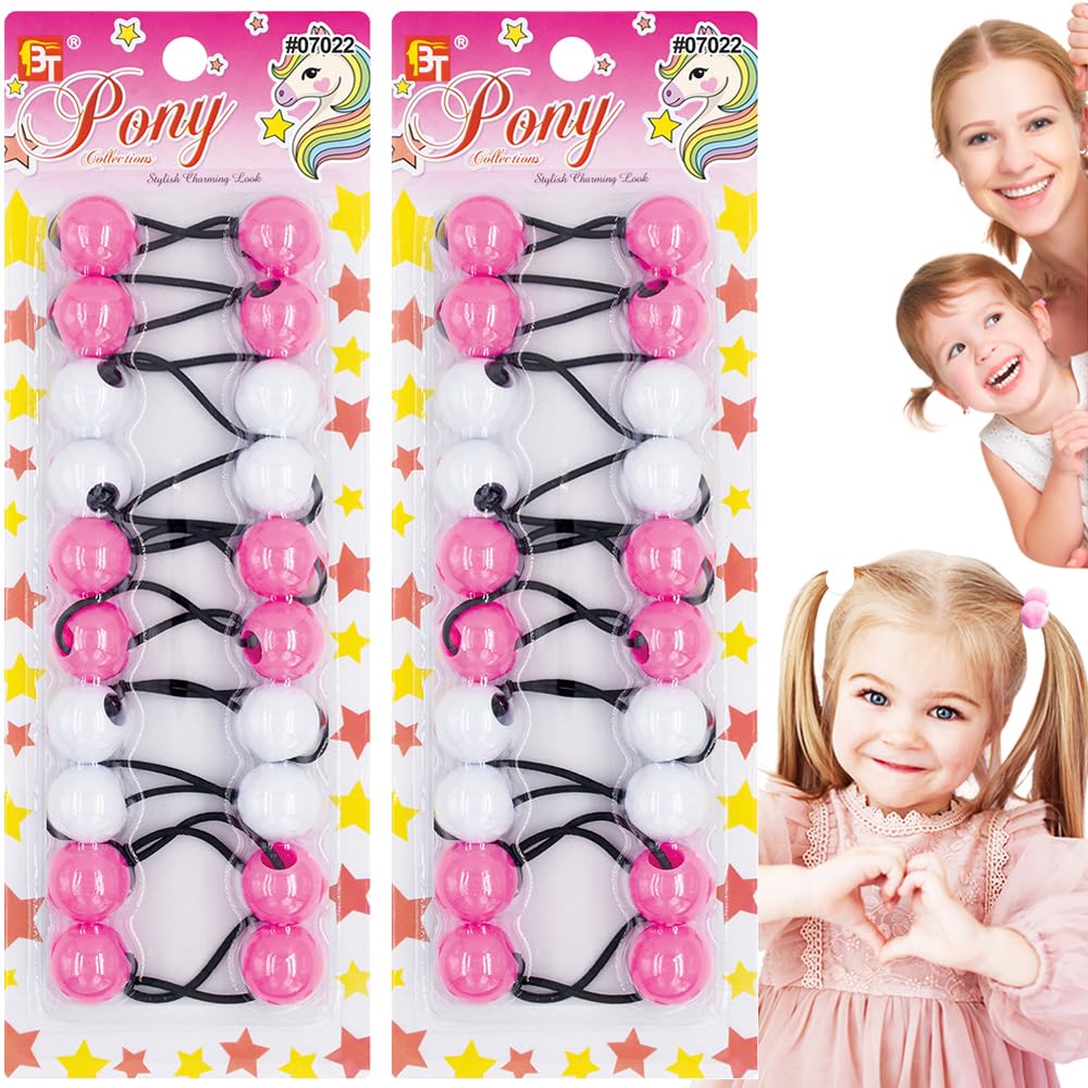Beauty Town 20PCS Bubble Ponytail Holders – 20mm Twin Bead Hair Ties for Girls & Kids – Colorful Elastic Hair Accessories for Braids & Pigtails (Pink/White)