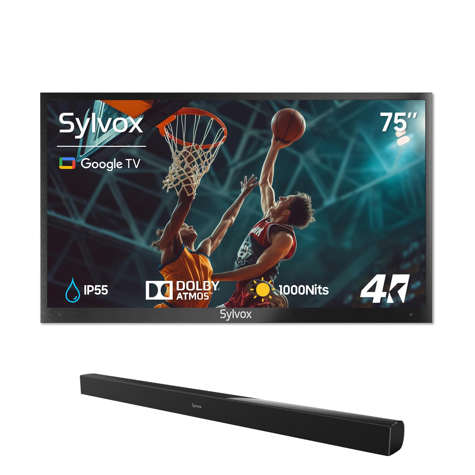 SYLVOX 75-Inch Outdoor TV with Soundbar 4K HDR10 Weatherproof 1000 nits Voice Assistant Remote for Partial Sun Area