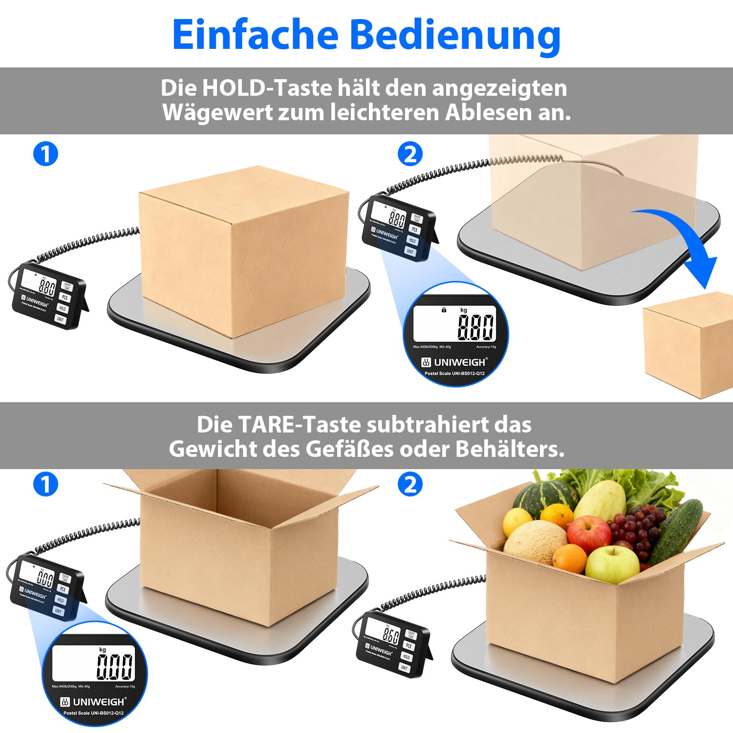 UNIWEIGH Paketwaage 440 lb/0,35 oz Genauigkeit, digitale Briefwaage für Pakete mit PCS/Halte/Tara Funktion, Plattformwaage für kleine Unternehmen, Gepäck, Heimgebrauch, Batterie und USB-A