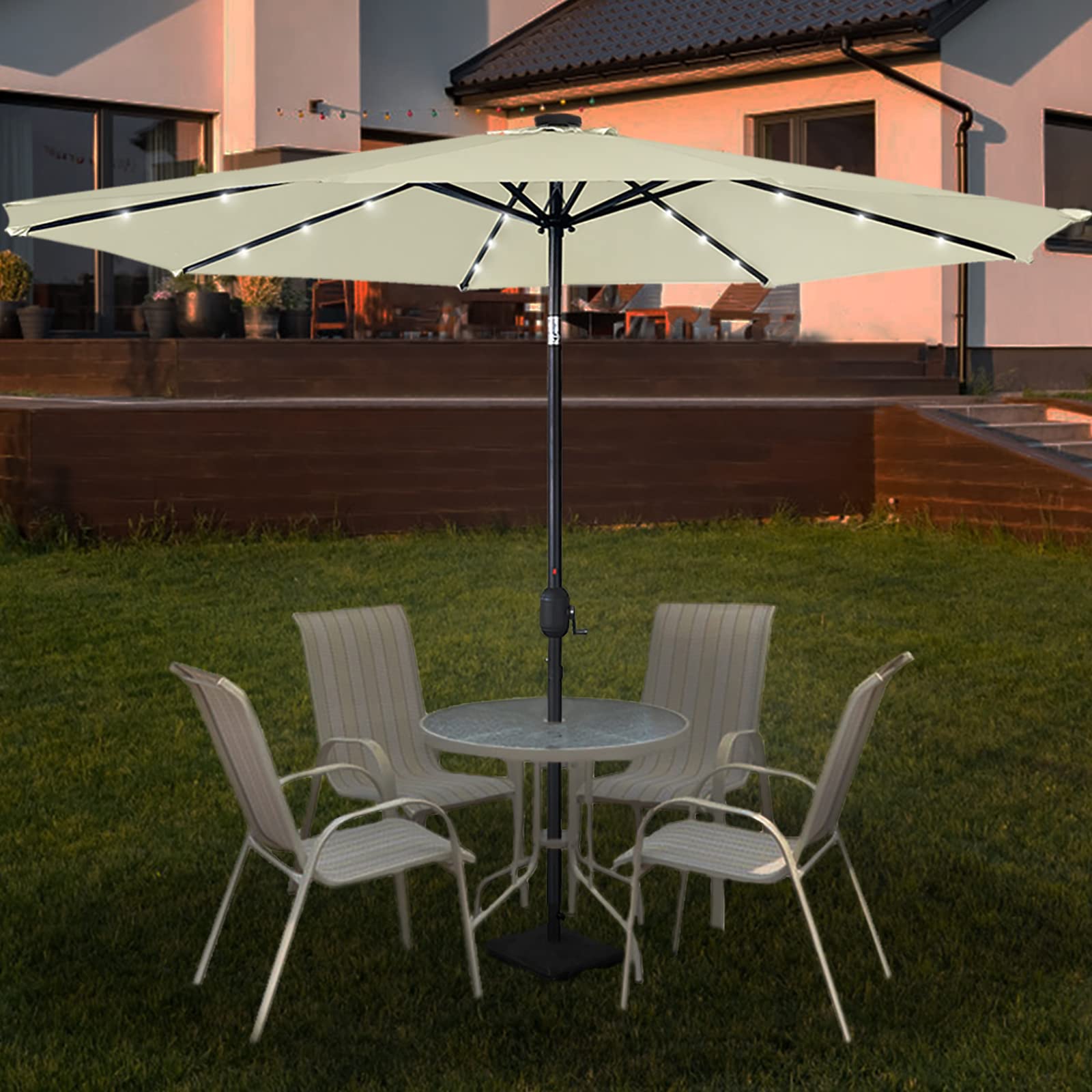 LZQ Sonnenschirm Balkon Ø 300cm Gartenschirm mit Solar LED Beleuchtung Alu Marktschirm mit Handkurbel Strandschirm Rund Terrassenschirm Wasserabweisende UPF 40+(Beige, Winkelverstellbar)