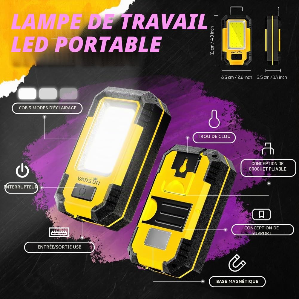 WARSUN Lampe de Travail c Baladeuse LED COB 1200 lumens Super Lumineuse Portable avec Base Magnétique et Crochet 30W Lampe Mecanicien pour Réparation, Jaune