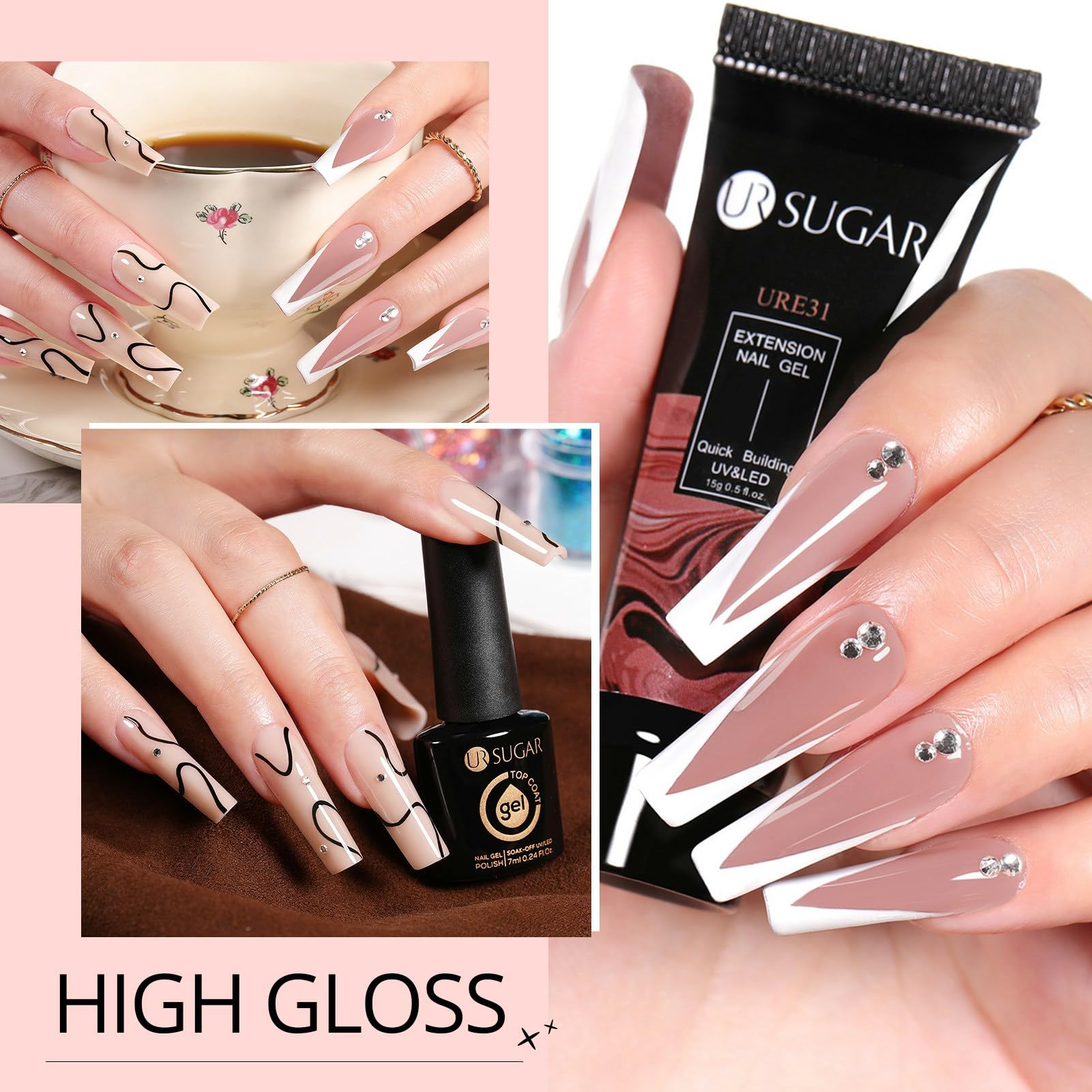 UR SUGAR Poly Gel Nägel Set, Nagelverlängerung Builder Kit 6 Farben Polygel Farben Tube mit Base Top Coat Slip Lösung Nude Kaffee Extension Maniküre Set DIY at Home