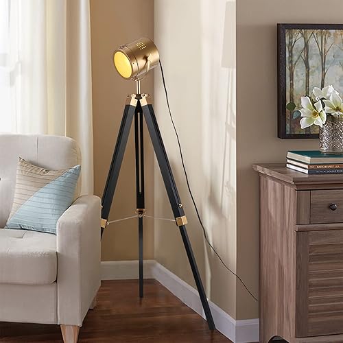 Miniatura 7 de Lámpara de pie de metal con trípode industrial, cabeza de rotación de latón, focos de pie altos de madera negra para dormitorio, altura ajustable
