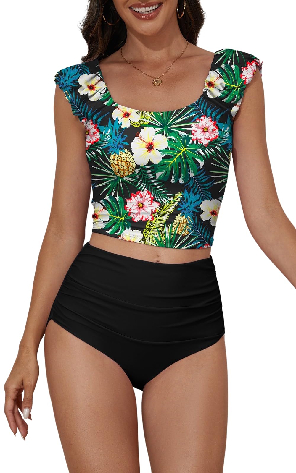 Tankini Swimsuits for Women Ruched Tummy Control Bathing Suit Two Piece Swim Tank Top with High Waisted Bottom