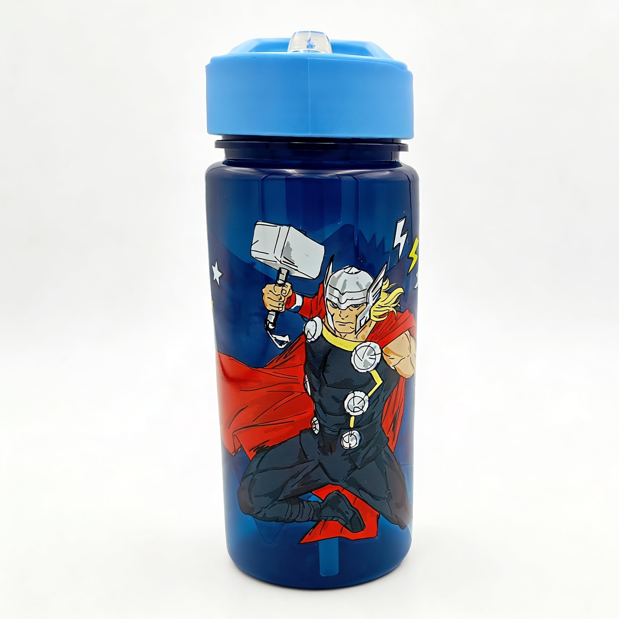 Marvel Avengers Thor 500ml Leak Proof Drinks Bottle with Flip-Up Spout, Carry Loop & Removable Straw – BPA Free Kids Reusable Water Bottle, Blue