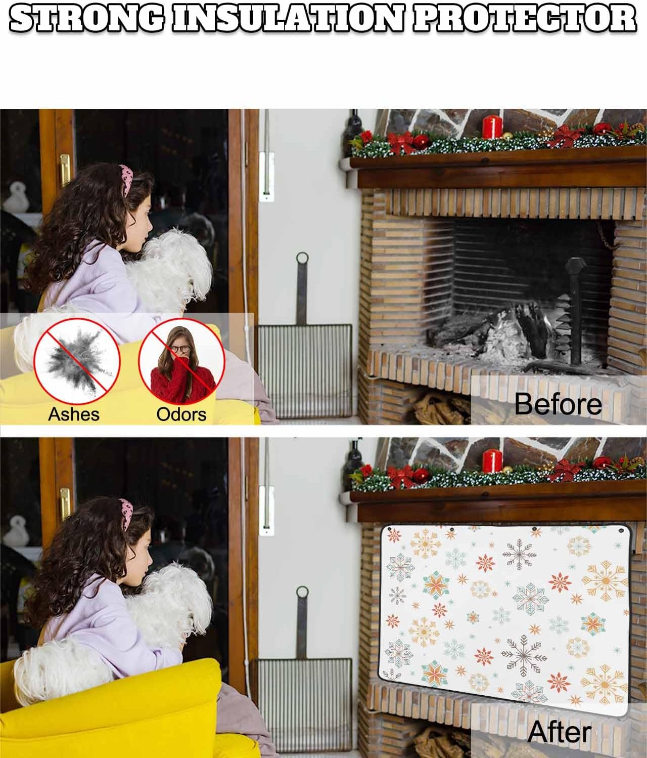 Christmas Snowflake Fireplace Screen Magnetic Fireplace Cover for Living Room Washable Indoor Fireplaces Draft Cover Christmas Fireplaces Screen, Xmas Yellow Teal Snow Winter Holiday 36"x27"