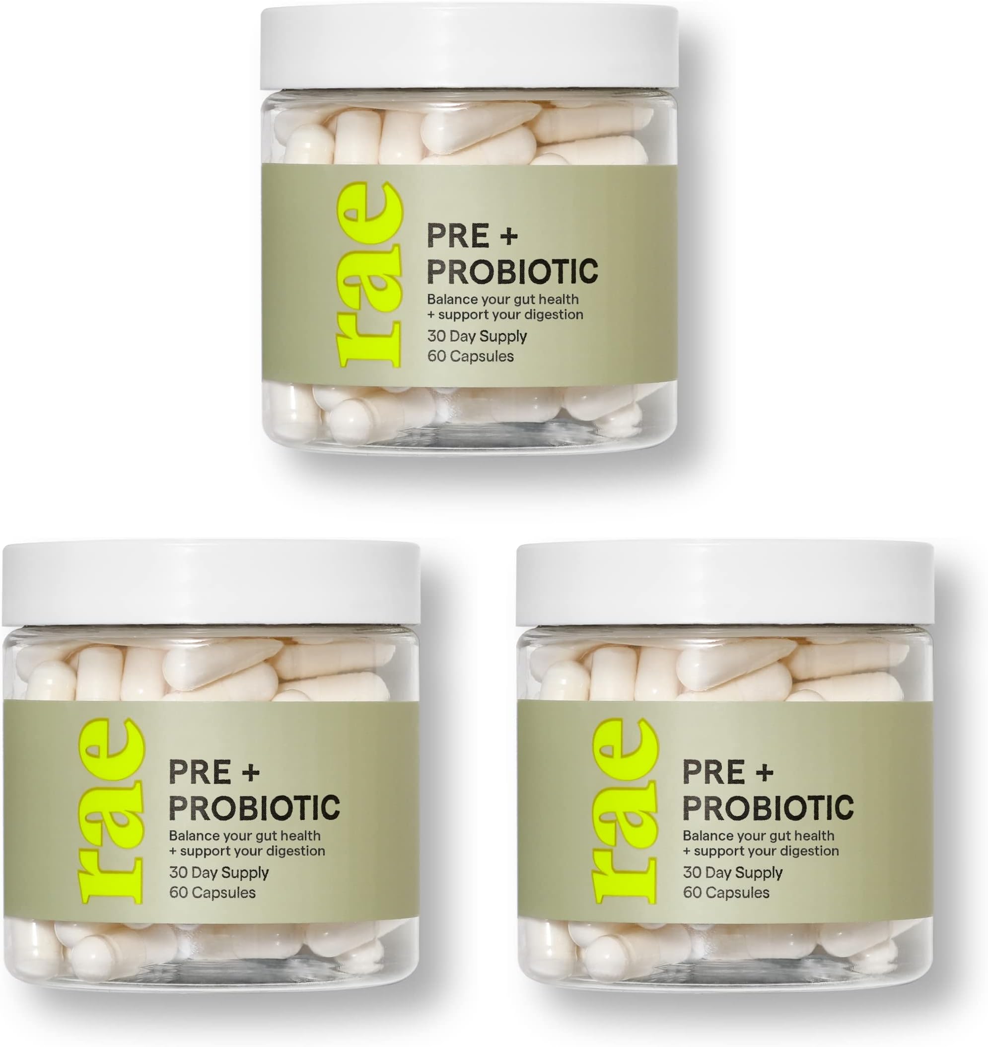 Rae Wellness Pre + Probiotic for Women - Support Digestive and Gut Health with Apple Cider Vinegar, Acidophilus and More - Vegan, Non-GMO, Gluten Free - 60 Caps (30 Servings) - Pack of 3