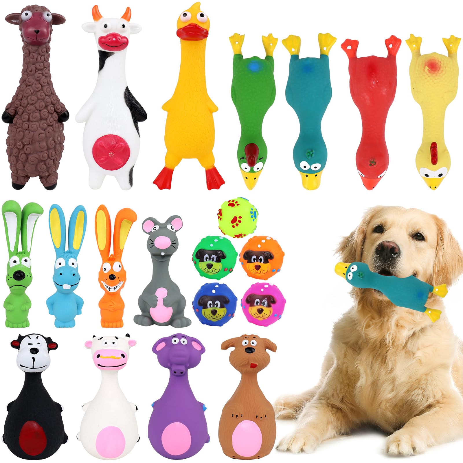 MSYU 20 Pack Squeaky Dog Toys, Latex Rubber Dog Toys Bulk Soft Squeak Chew Balls Assorted Animals for Small Medium Large Pets