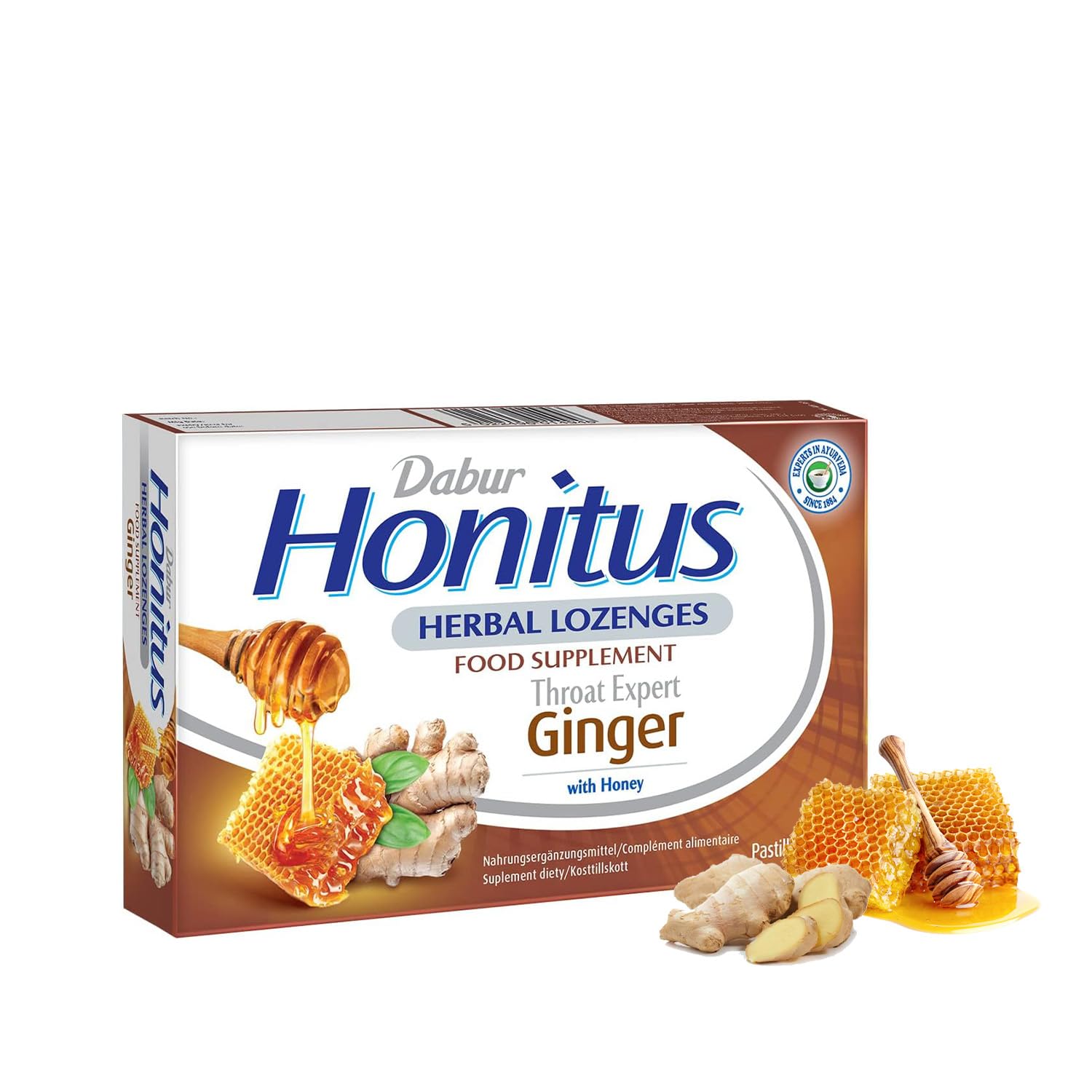 Dabur Honitus Ginger Flavor - 24 Herbal Lozenges | Effective Relief from Cough & Sore Throat Pain |